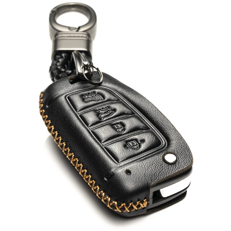 Vitodeco Genuine Leather Flip Key Fob Case Cover Compatible with Hyundai Accent Kona Santa Fe Tucson Venue Sonata Veloster 2018 2022 Models 4Button Black