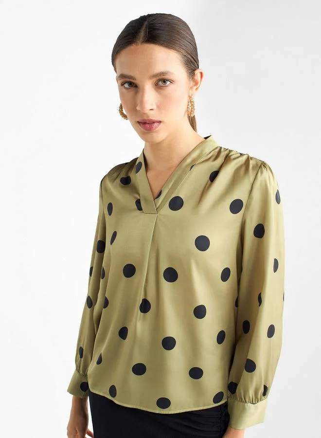 Splash FAV All-Over Polka Dot Print V-neck Top with Long Sleeves