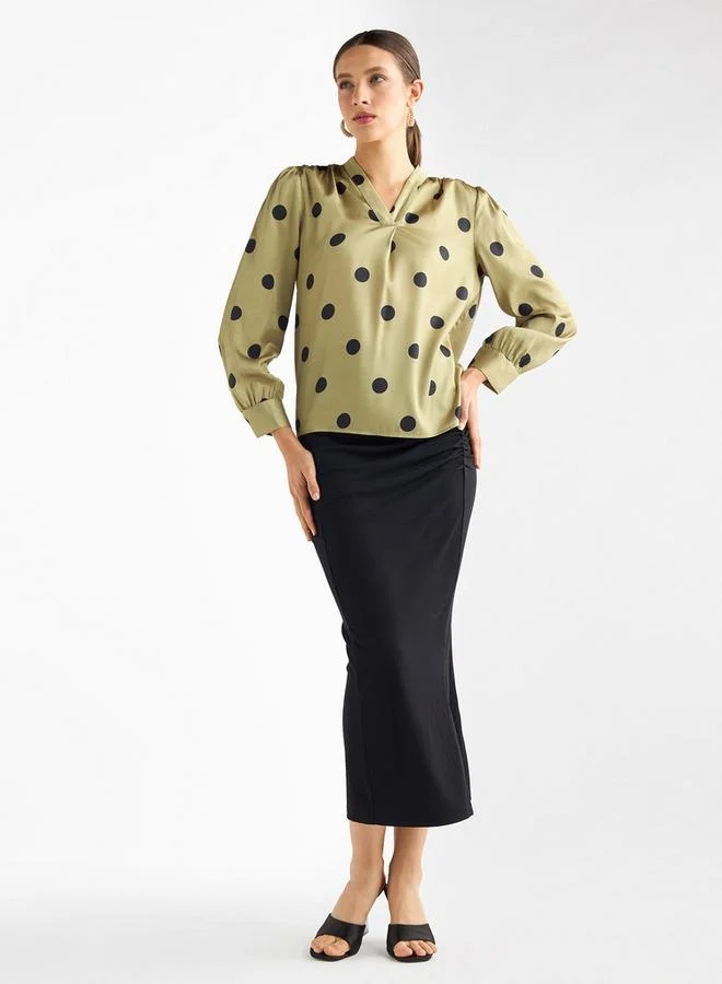 Splash FAV All-Over Polka Dot Print V-neck Top with Long Sleeves
