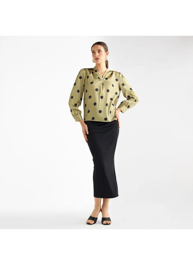 FAV All-Over Polka Dot Print V-neck Top with Long Sleeves