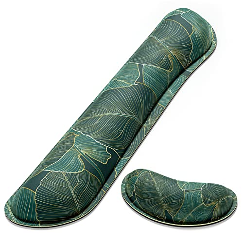 Dapesuom Enlarge Keyboard Wrist Rest, Memory Foam Wrist Cushion for Desk Mats Support, Cute Pain Relief Keyboard Mouse Pad Rests Set with Non-Slip Base for Gaming Laptop Office Computer, Green Leaf - Image 1