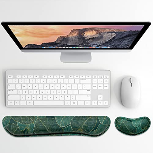 Dapesuom Enlarge Keyboard Wrist Rest, Memory Foam Wrist Cushion for Desk Mats Support, Cute Pain Relief Keyboard Mouse Pad Rests Set with Non-Slip Base for Gaming Laptop Office Computer, Green Leaf - Image 2