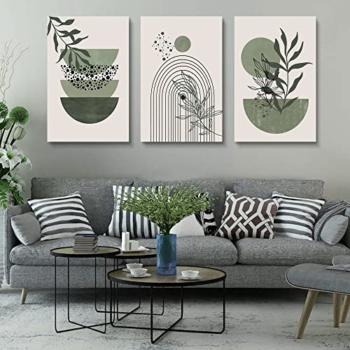 YongArt Sage Green Wall Posters & Prints, Green Boho Wall Art Set of 3, Minimalist Framed Wall Art Geometric Line Leaf Sun Moon Beige Green Canvas Artwork Paintings - Image 2