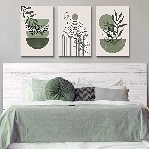 YongArt Sage Green Wall Posters & Prints, Green Boho Wall Art Set of 3, Minimalist Framed Wall Art Geometric Line Leaf Sun Moon Beige Green Canvas Artwork Paintings - Image 3