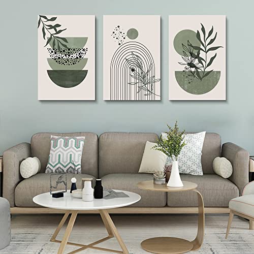 YongArt Sage Green Wall Posters & Prints, Green Boho Wall Art Set of 3, Minimalist Framed Wall Art Geometric Line Leaf Sun Moon Beige Green Canvas Artwork Paintings - Image 4