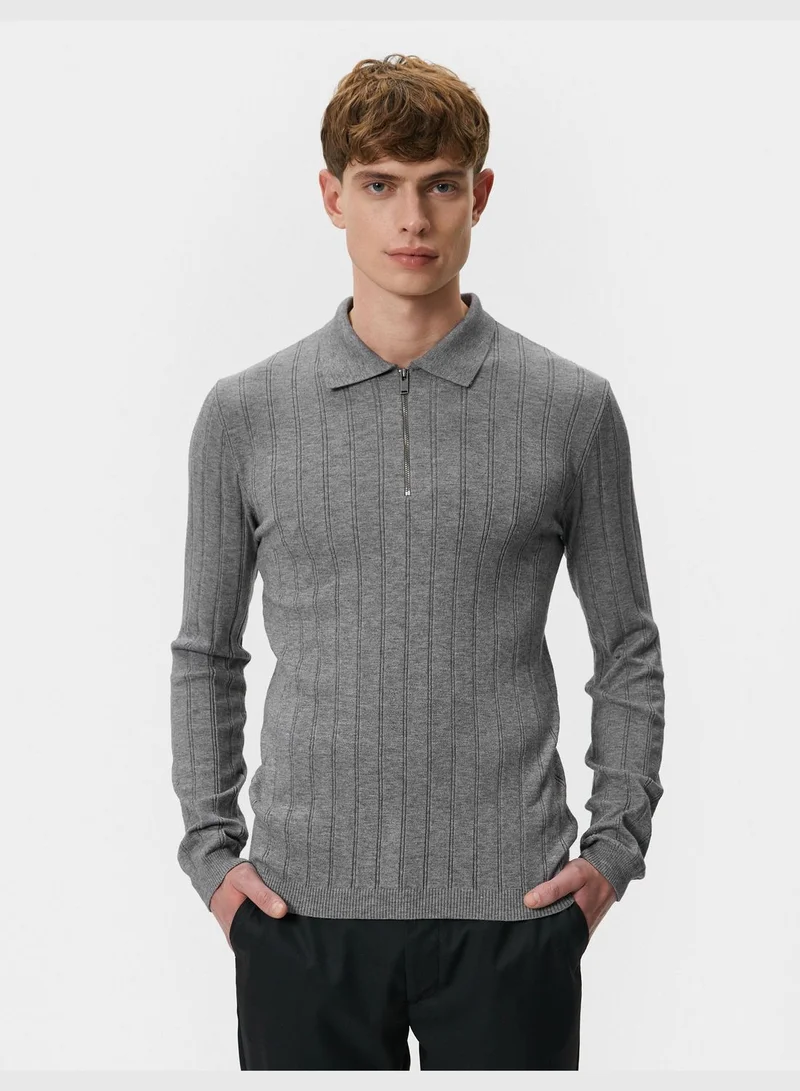 KOTON Polo Neck Half Zipper Textured Slim Fit Sweater