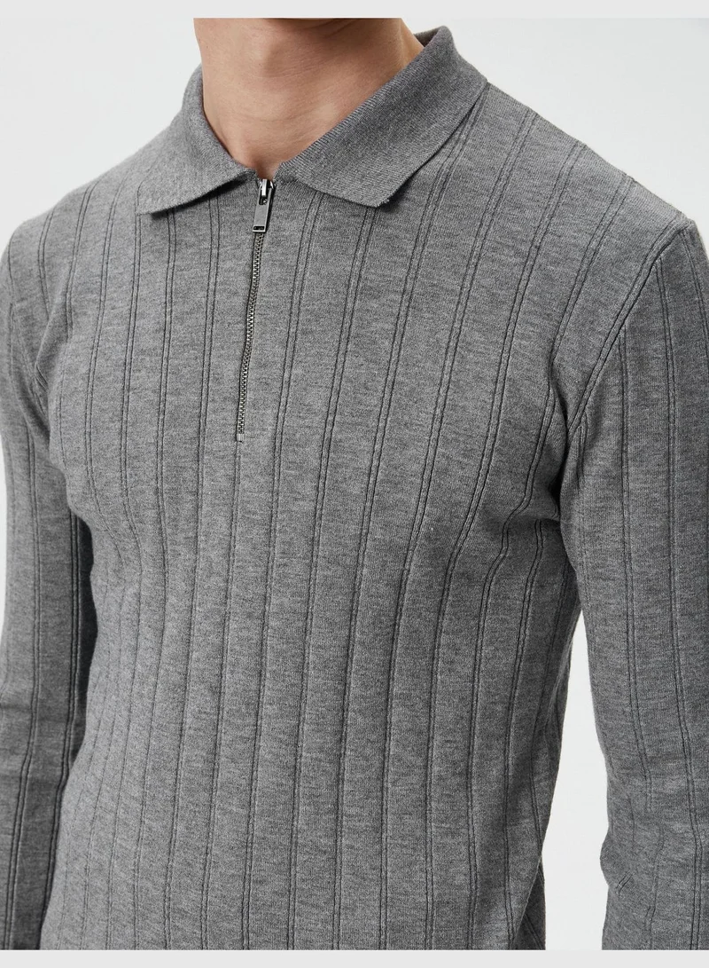 KOTON Polo Neck Half Zipper Textured Slim Fit Sweater