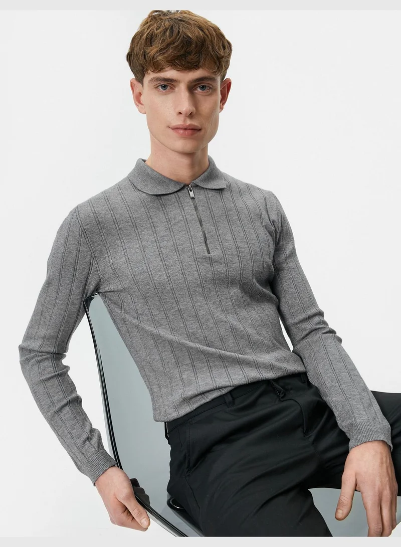 KOTON Polo Neck Half Zipper Textured Slim Fit Sweater