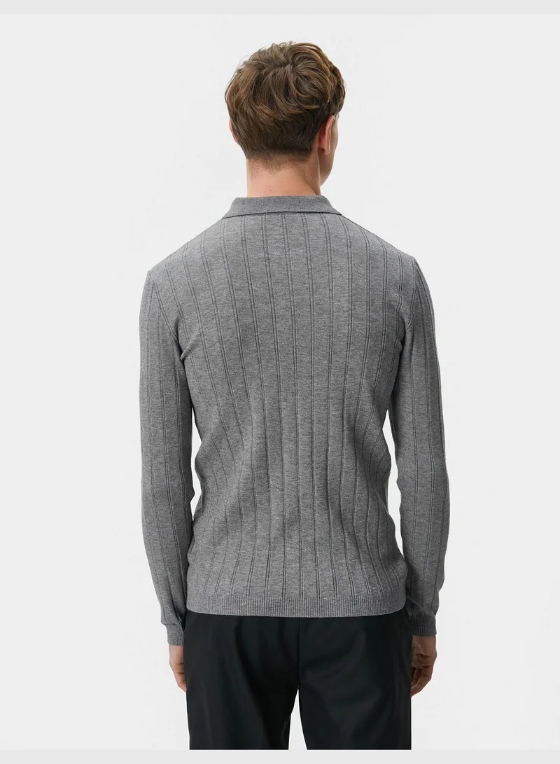 KOTON Polo Neck Half Zipper Textured Slim Fit Sweater