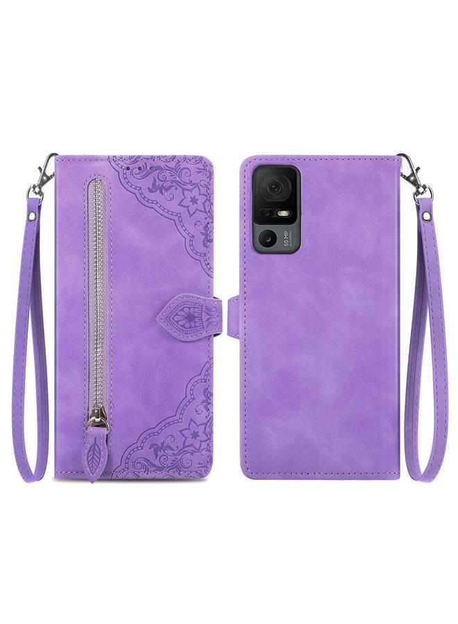 For TCL 40 XL Embossed Flower Zipper Leather Phone Case(Purple)