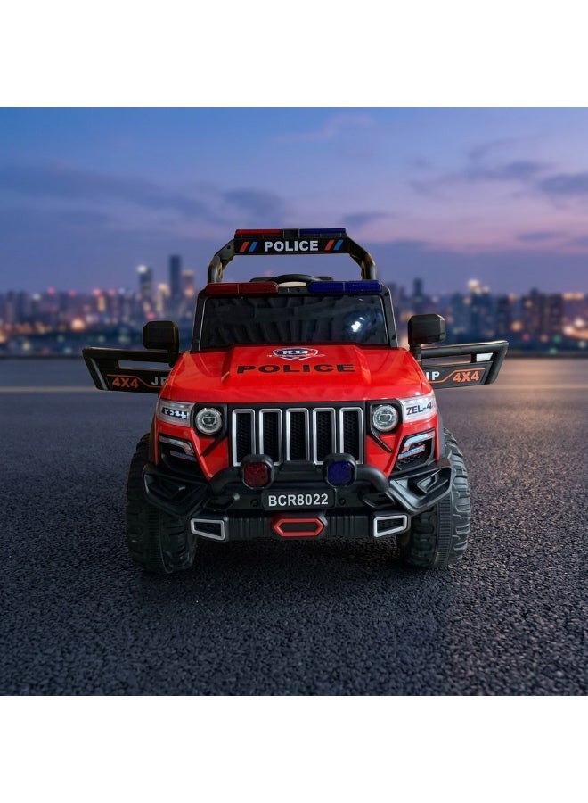 StarKids Electric police car for kids with a 12V battery system and two drive motors, equipped with a remote control and vibration feature, along with integrated sound and light effects for a realistic driving adventure. - Image 2