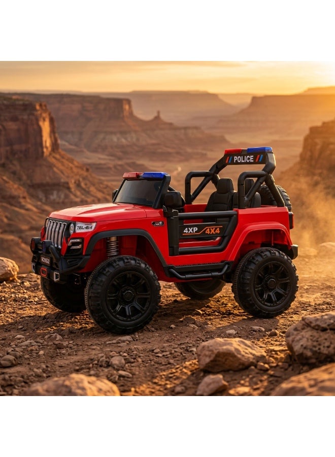 StarKids Electric police car for kids with a 12V battery system and two drive motors, equipped with a remote control and vibration feature, along with integrated sound and light effects for a realistic driving adventure. - Image 3