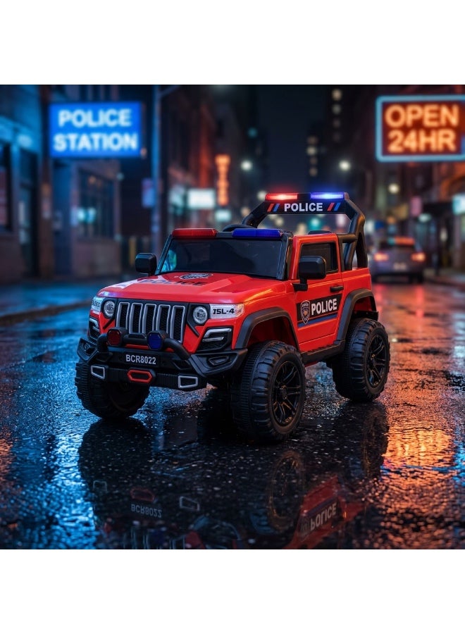 StarKids Electric police car for kids with a 12V battery system and two drive motors, equipped with a remote control and vibration feature, along with integrated sound and light effects for a realistic driving adventure. - Image 1
