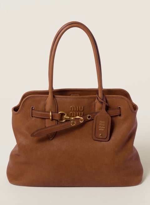 حقيبة ميو أفينتور من جلد النابا، حقيبة توت نسائية، حقيبة كتف نسائية، حقيبة يد نسائية، حقيبة كروس نسائية، حقيبة سفر نسائية، بني فاتح - 40 سم