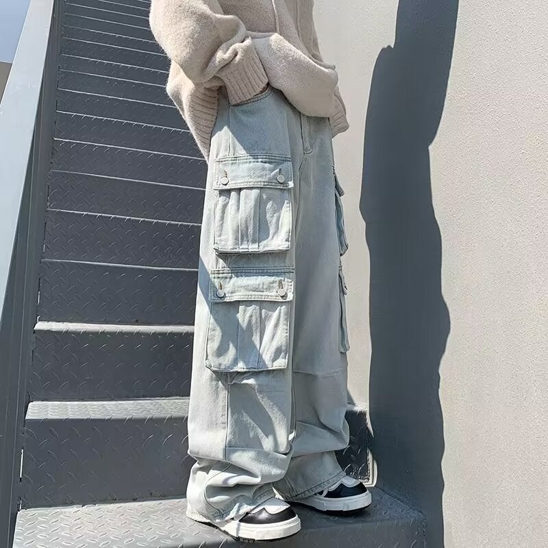 American Style Vintage Multi-Pocket Oversize Washed Tooling Jeans Boys Street Wide Leg Ins Trendy Brand Trousers - Image 4