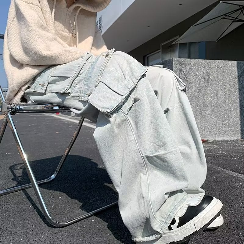 American Style Vintage Multi-Pocket Oversize Washed Tooling Jeans Boys Street Wide Leg Ins Trendy Brand Trousers - Image 5