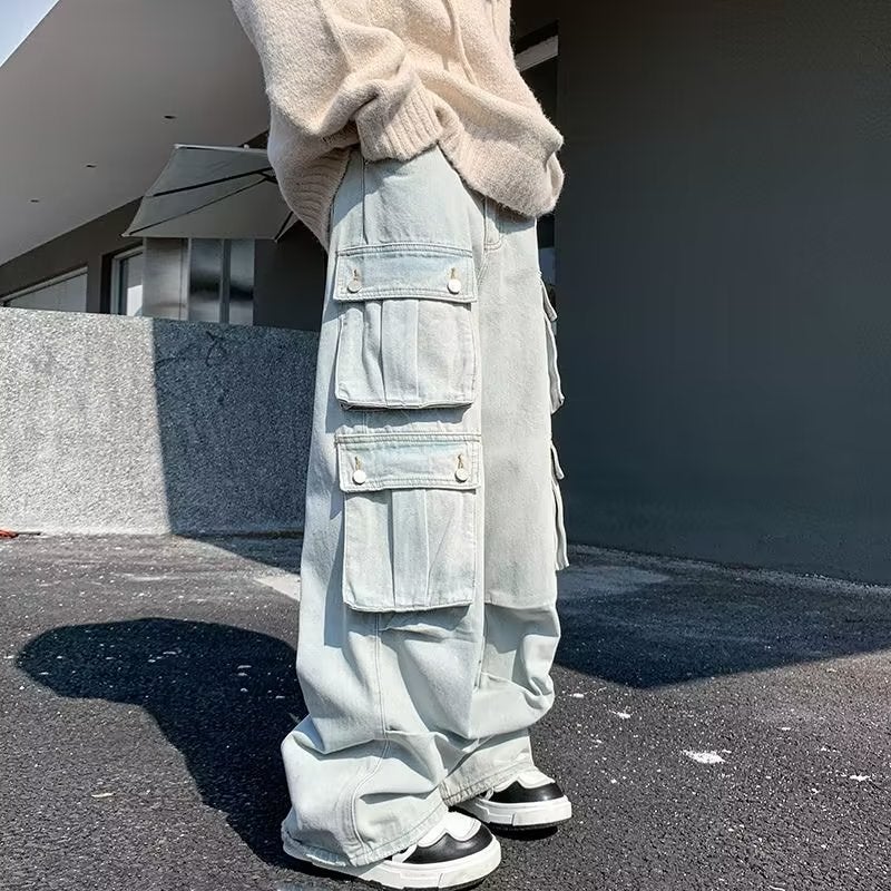 American Style Vintage Multi-Pocket Oversize Washed Tooling Jeans Boys Street Wide Leg Ins Trendy Brand Trousers - Image 1