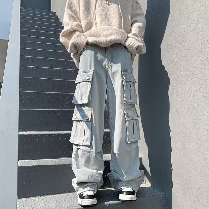 American Style Vintage Multi-Pocket Oversize Washed Tooling Jeans Boys Street Wide Leg Ins Trendy Brand Trousers - Image 3