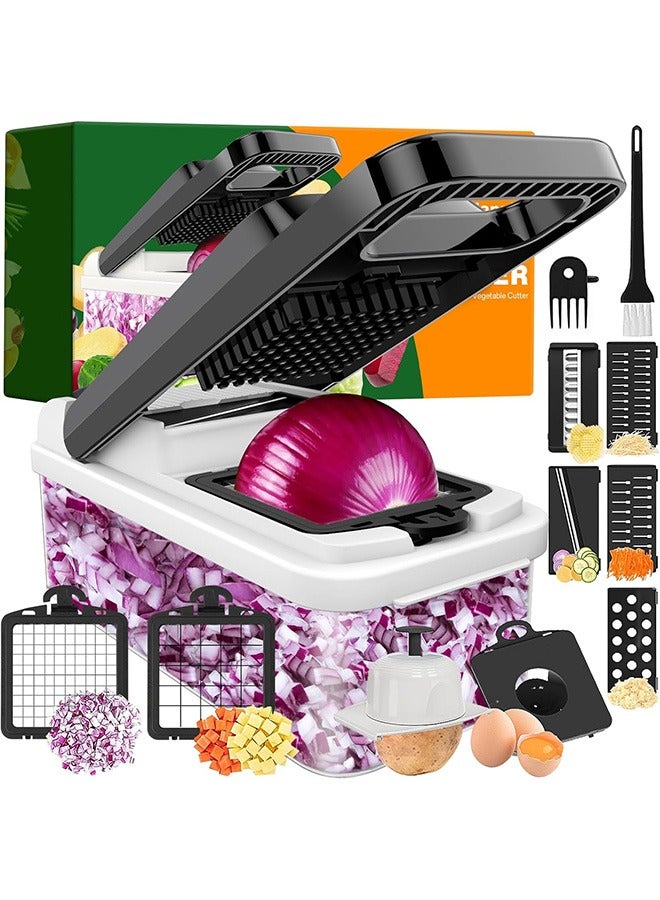 18-in-1 Vegetable Chopper, 7 Cutting Discs Veggie Chopper with Container and Lid, Dicer, Slicer, Multifunctional Kitchen Gadgets, Vegetable Cutter with Handle, Onion Cutter (Black/White) - Image 1