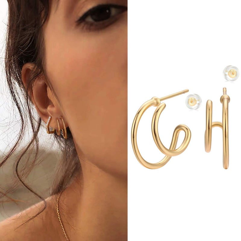 MYEARS Women Double Hoop Earrings Gold 14K Small Simple Hypoallergenic Everyday Illusion Jewelry - Image 3