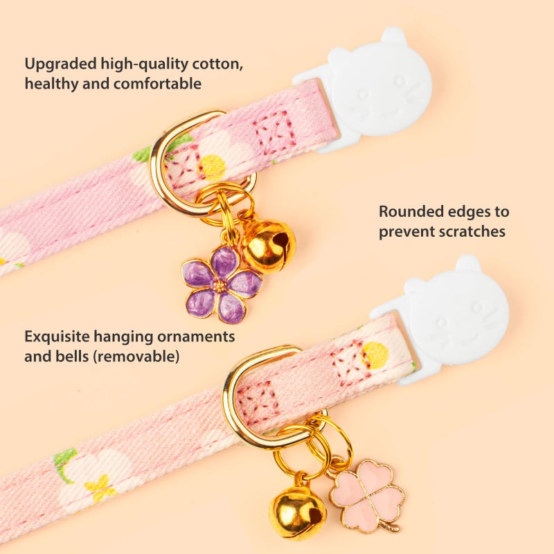 FYEQYAOU 2 Pack Cotton Breakaway Cat Collar Purple and Pink Flowers Pendant Cute Kitten Cat Collar with Bell - Image 2
