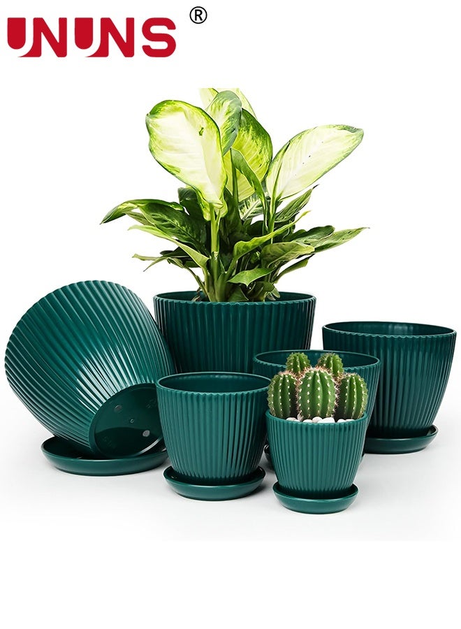 UNUNS 6 عبوات من أصيص الزهور البلاستيكي، أواني زراعة مع فتحات تصريف وصواني للنباتات الداخلية، أصيص زراعة خارجي، 6 أحجام مختلفة، أصيص حديقة زخرفي من الراتنج، أخضر داكن - Image 1