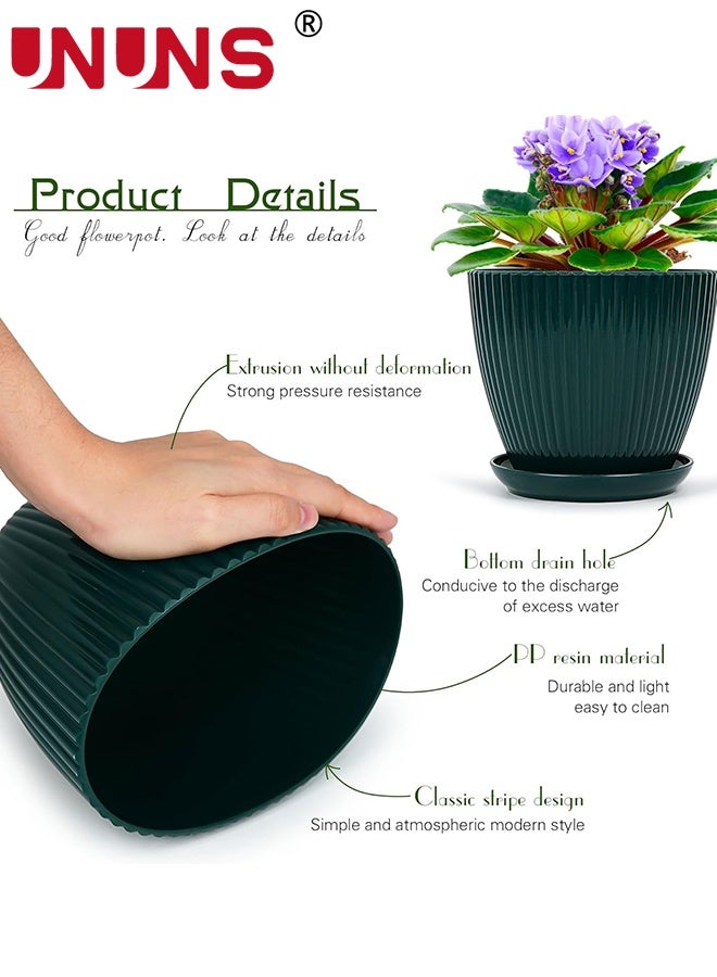 UNUNS 6 عبوات من أصيص الزهور البلاستيكي، أواني زراعة مع فتحات تصريف وصواني للنباتات الداخلية، أصيص زراعة خارجي، 6 أحجام مختلفة، أصيص حديقة زخرفي من الراتنج، أخضر داكن - Image 5
