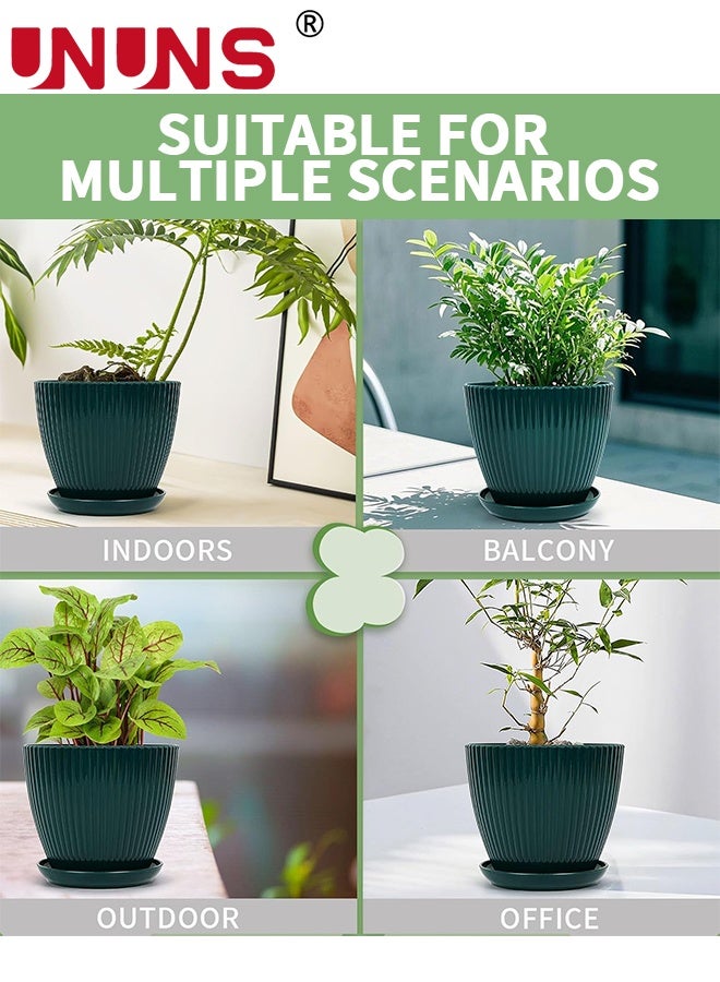 UNUNS 6 عبوات من أصيص الزهور البلاستيكي، أواني زراعة مع فتحات تصريف وصواني للنباتات الداخلية، أصيص زراعة خارجي، 6 أحجام مختلفة، أصيص حديقة زخرفي من الراتنج، أخضر داكن - Image 4