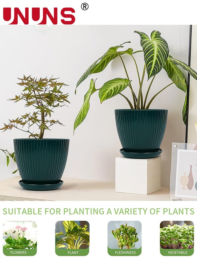 UNUNS 6 عبوات من أصيص الزهور البلاستيكي، أواني زراعة مع فتحات تصريف وصواني للنباتات الداخلية، أصيص زراعة خارجي، 6 أحجام مختلفة، أصيص حديقة زخرفي من الراتنج، أخضر داكن - Image 3