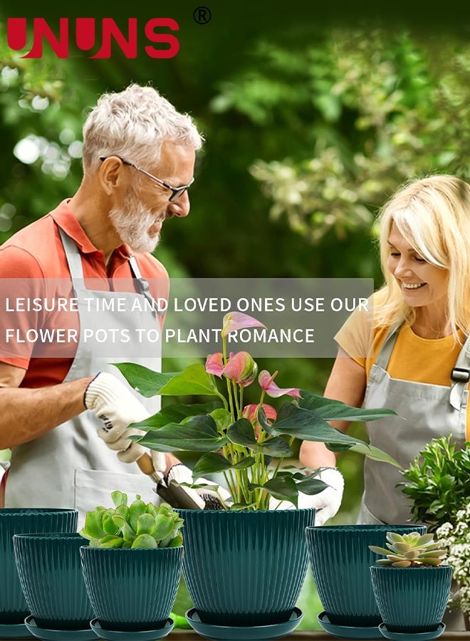UNUNS 6 عبوات من أصيص الزهور البلاستيكي، أواني زراعة مع فتحات تصريف وصواني للنباتات الداخلية، أصيص زراعة خارجي، 6 أحجام مختلفة، أصيص حديقة زخرفي من الراتنج، أخضر داكن - Image 2