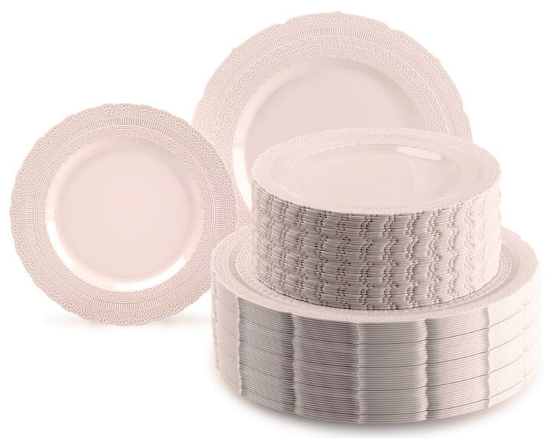 OCCASIONS FINEST PLASTIC TABLEWARE OCCASIONS  240 Plates Pack120 Guests Extra Heavyweight Vintage Wedding DisposableReusable Plastic Plates 120x11 Dinner120 x 825 SaladDessert Plate Chateau Blush Pink 