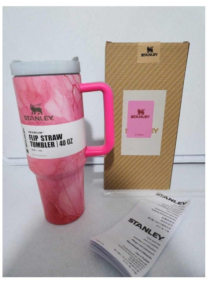 ستانلي كوب ستانلي كوينشر H2.0 فلو ستيت معزول بتفريغ الهواء من الستانلس ستيل مع غطاء وماصة للمياه والشاي المثلج او القهوة والسموذي واكثر ذلك 40 اونصة/ 1.18 لتر لون احمر رخامي