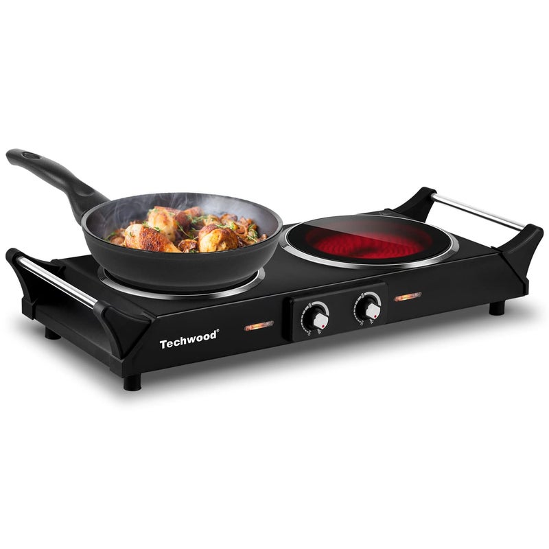 Techwood Hot Plate, Techwood 1800W Double Infrared Ceramic Electric Stove for Cooking, Dual Control Cooktop Burners, Portable Anti-scald Handles Suitable for RV/Home/Camp, Compatible for All Cookwares - Image 1