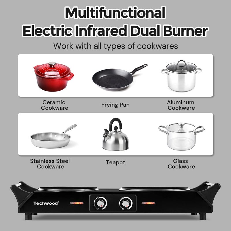 Techwood Hot Plate, Techwood 1800W Double Infrared Ceramic Electric Stove for Cooking, Dual Control Cooktop Burners, Portable Anti-scald Handles Suitable for RV/Home/Camp, Compatible for All Cookwares - Image 3
