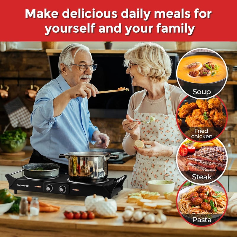 Techwood Hot Plate, Techwood 1800W Double Infrared Ceramic Electric Stove for Cooking, Dual Control Cooktop Burners, Portable Anti-scald Handles Suitable for RV/Home/Camp, Compatible for All Cookwares - Image 4