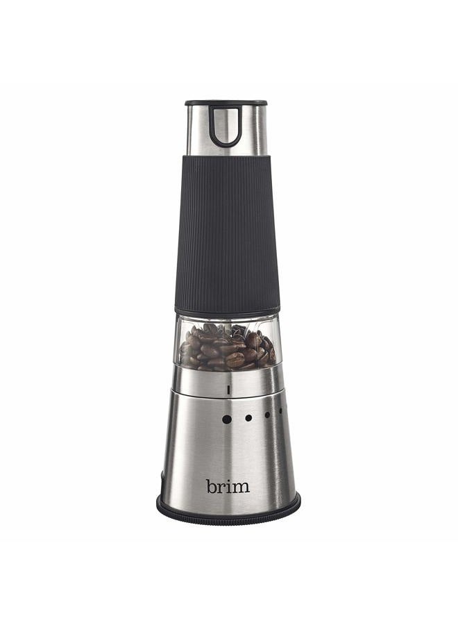 Brim Electric Handheld Burr Coffee Grinder, Simple One-Touch Operation, 9 Precise Grind Settings from Espresso to French Press, Removable 30g Ground Container for Easy Clean Up, Stainless Steel/Black - Image 1
