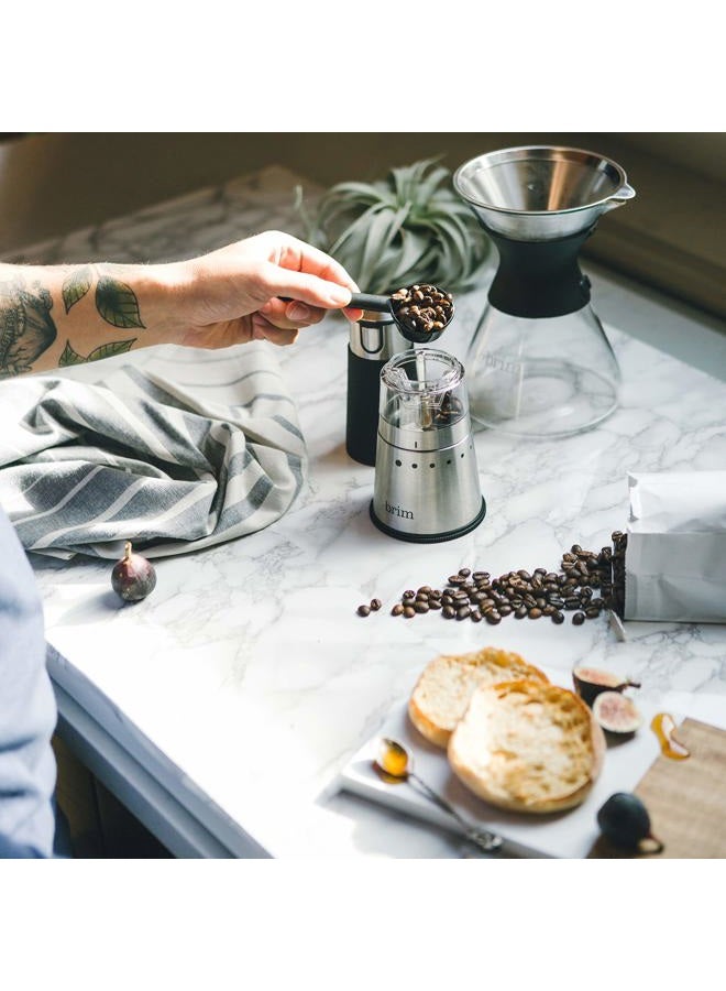 Brim Electric Handheld Burr Coffee Grinder, Simple One-Touch Operation, 9 Precise Grind Settings from Espresso to French Press, Removable 30g Ground Container for Easy Clean Up, Stainless Steel/Black - Image 2