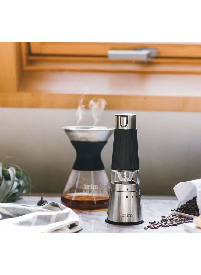 Brim Electric Handheld Burr Coffee Grinder, Simple One-Touch Operation, 9 Precise Grind Settings from Espresso to French Press, Removable 30g Ground Container for Easy Clean Up, Stainless Steel/Black - Image 3