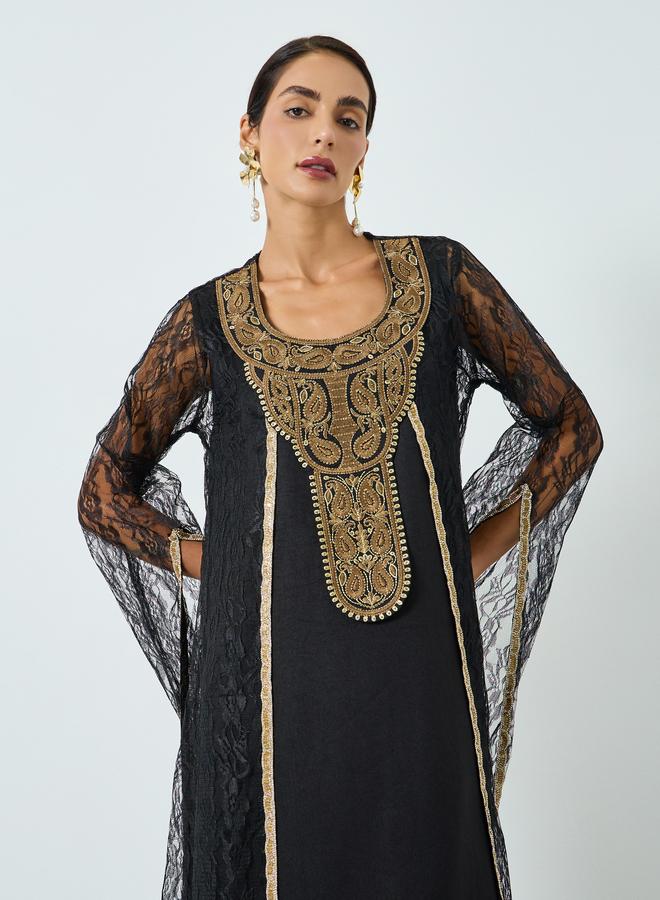 Maxim Creation Golden Embroidery Threadwork Jalabiya with Slit Sleeves - Image 2