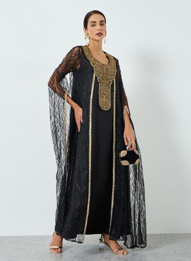 Maxim Creation Golden Embroidery Threadwork Jalabiya with Slit Sleeves - Image 1