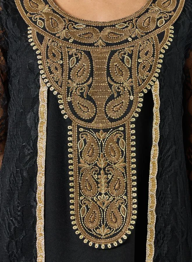 Maxim Creation Black Golden Embroidery Threadwork Jalabiya with Slit Sleeves for Women | Best Price UAE