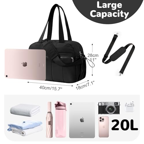 Outplea 20L Puffer Gym Bag for Women Girls, Small Weekender Overnight Work Tote Bag, Mini Personal Item Carry on Travel Duffle Bags for Airplane, Small Yoga Dance Bags, Black - Image 2
