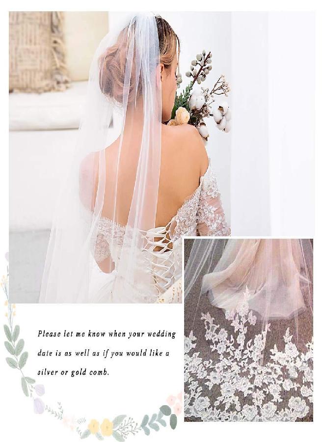 Salliy Aiosy Layer Wedding Veil Bridal Veil Embroidery Lace Edge Bride with Comb Cathedral Length Hair Accessories (White) - Image 1