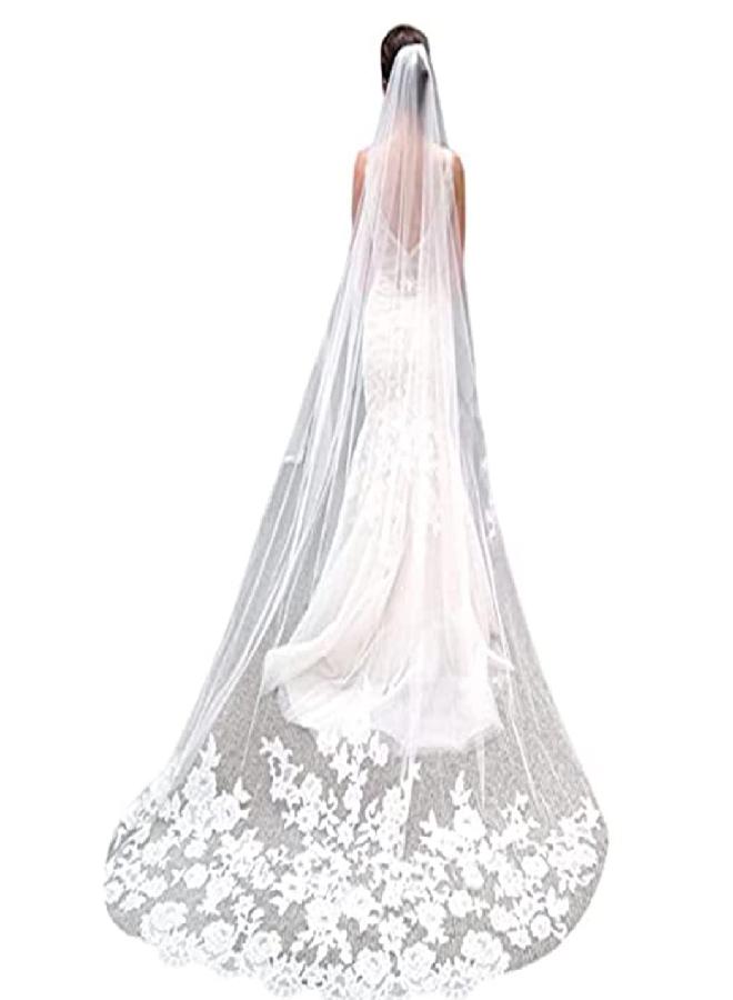 Salliy Aiosy Layer Wedding Veil Bridal Veil Embroidery Lace Edge Bride with Comb Cathedral Length Hair Accessories (White) - Image 3