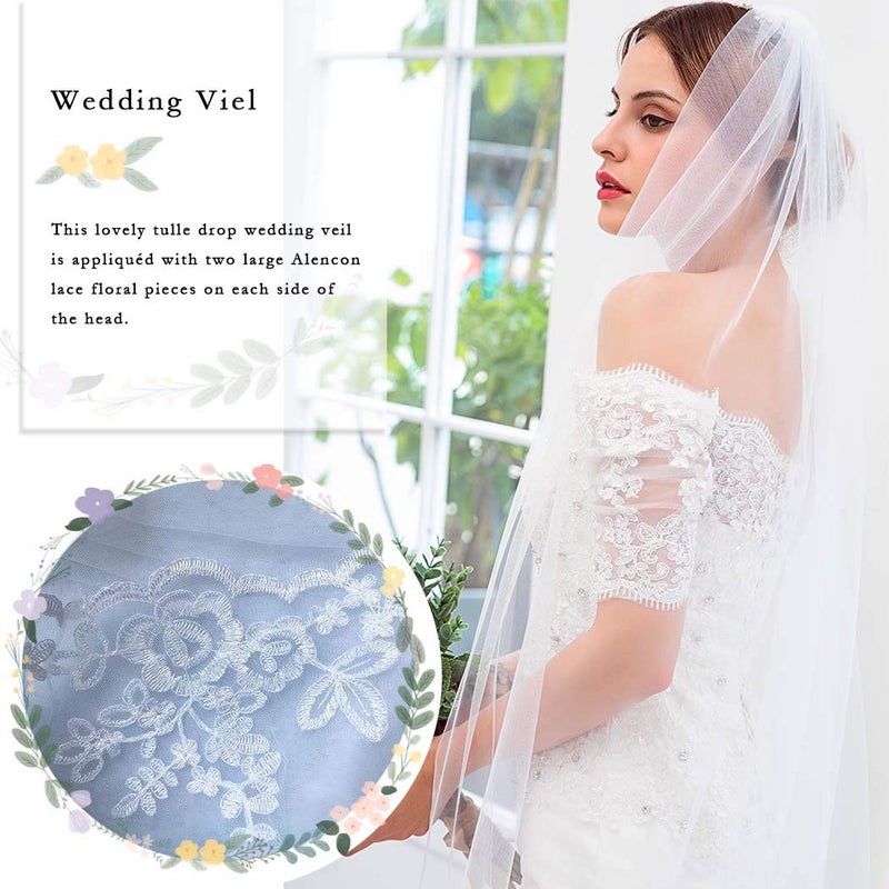 Salliy Wedding Veils Cathedral White Bride Veil Long Embroidery Lace Edge Bridal Veils with Comb 1 Tier 118" Floral Veils for Women Wedding (White) - Image 3