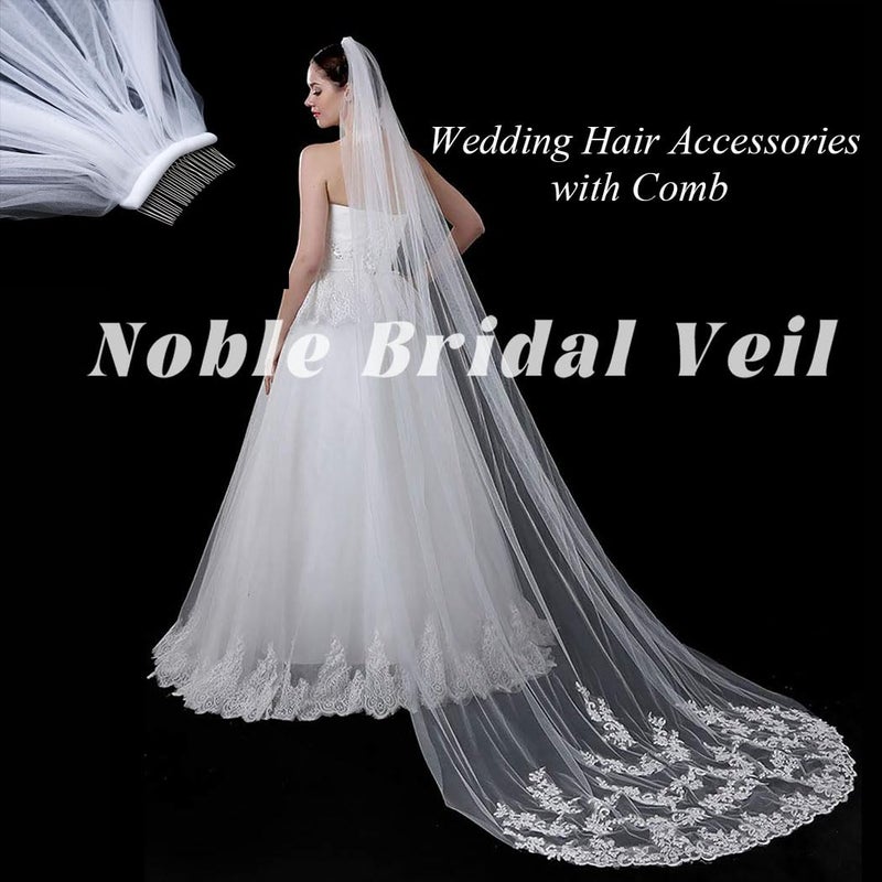 Salliy Wedding Veils Cathedral White Bride Veil Long Embroidery Lace Edge Bridal Veils with Comb 1 Tier 118" Floral Veils for Women Wedding (White) - Image 4