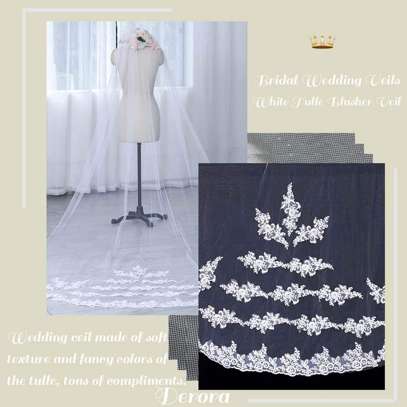 Salliy Wedding Veils Cathedral White Bride Veil Long Embroidery Lace Edge Bridal Veils with Comb 1 Tier 118" Floral Veils for Women Wedding (White) - Image 5