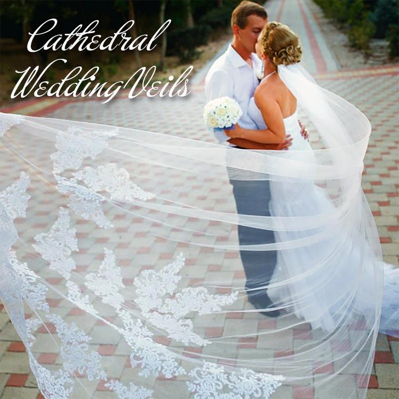 Salliy Wedding Veils Cathedral White Bride Veil Long Embroidery Lace Edge Bridal Veils with Comb 1 Tier 118" Floral Veils for Women Wedding (White) - Image 2