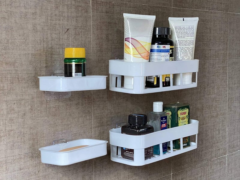 FosCadit Multipurpose Kitchen Bathroom Wall Corner Shelf Rack and Soap Dish Soap Box with Strong Magic StickerCombo Bathroom Shelve 2Pcs Soap Stand 3Pcs White Color - Image 1