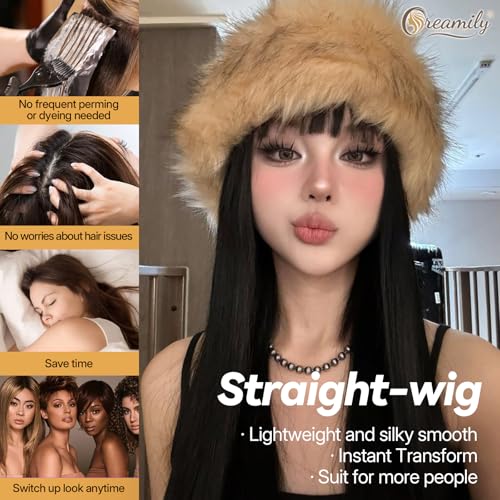 Creamily 40" Long Black Straight Full Head Wigs with Bang for Women | Heat-Resistant Synthetic Hair Wigs for Women with Natural Shine | Extra-Length Hair Wig for Women Ideal for Indian Festivals/Weddings/Daily Use (Black, 40 inch) - Image 2